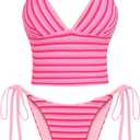 ZAFUL Striped Swim Suits for Women 2025 Halter V Neck Tankini Sets Terry Bikini High Cut Tie Side Thong Bathing Suit (Pink, S)