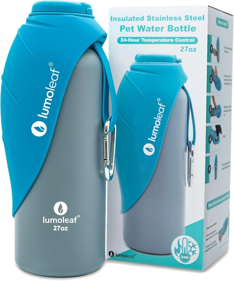 LumoLeaf Insulated Dog Water Bottle 27 oz Stainless Steel - Keep Water Cool or Warm, Portable Pet Water Bowl for Travel, Wide Mouth for Easy Ice Filling & Cleaning (Blue)