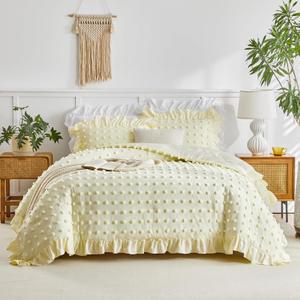 Flysheep Tufted Dots Ruffle Comforter Set King Size, 3 Pieces Yellow Vintage Farmhouse Shabby Chic Comforters, Jacquard Boho Bohemian Bedding Set for All Season (1 Ruffled Comforter+ 2 Pillow Shams)