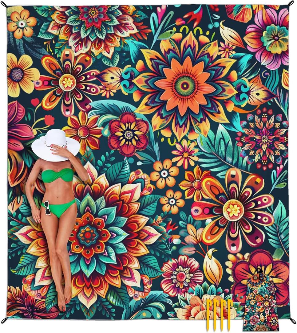 Beach Blanket Waterproof Sandproof, Bohemian Flowers Oversized Extra Large Beach Mat 83"95"/8  7 FT for 1-7 Adults for Picnic Travel Hiking, Quick Drying Lightweight Camping Vacation Essentials