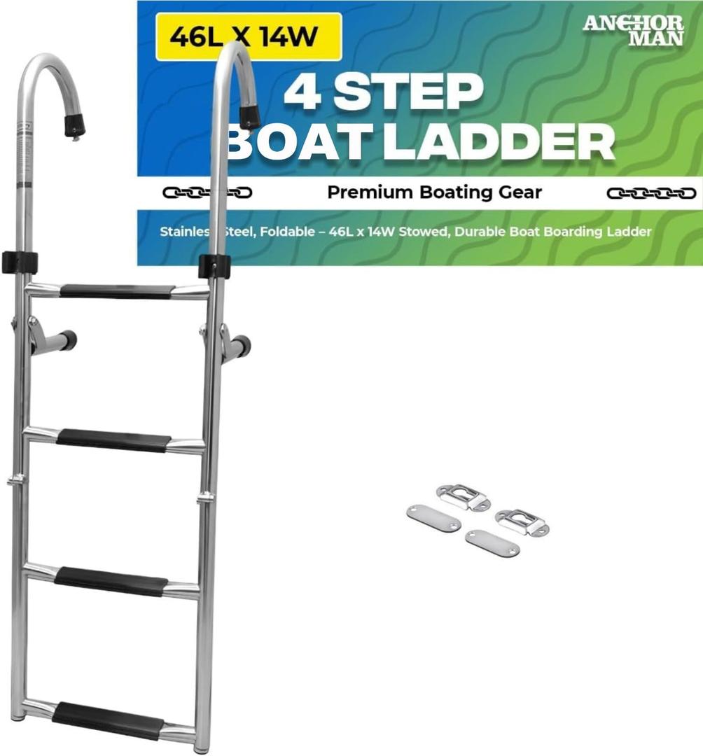 Stainless Steel Boat Ladder 4-Step - Anchor-Man Folding Telescoping Pontoon & Dock Ladder, 400 lb, 46 in Reach, 14 in Wide Non-Slip Steps