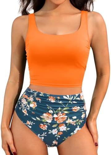 Women Two Piece Tankini Swimsuits - Crop Swim Top with High Waisted Bottom Tummy Control Bathing Suits Swimwear, XL