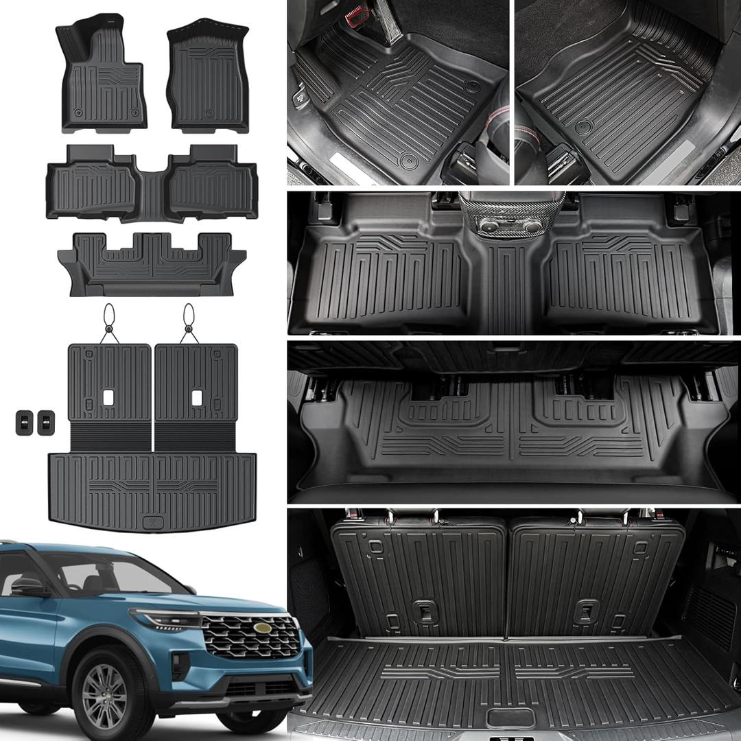 Floor Mats for 2020-2025 2026 Ford Explorer 7 Seats Bench Seat Car Mat Accessories, All Weather TPE Cargo Mat Backrest Mats Active/Platinum(7 Seat Floor Mats+2-in-1 Cargo Mat)