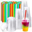 Lallisa 100 Sets Clear Plastic Cups with Dome Lids and Colorful Straws, Disposable Slushie Smoothie Cups PET Beverage for Party Iced Coffee Cold Drinks Juice Milkshake Fruit Tea Dessert (12 oz)