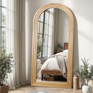 Delma Arched Full Length Floor Mirror with Stand, 55x24 Rustic Farmhouse Solid Wood Frame Wall Mirror for Bedroom, Living Room, Vertical Hanging & Standing(Natural)