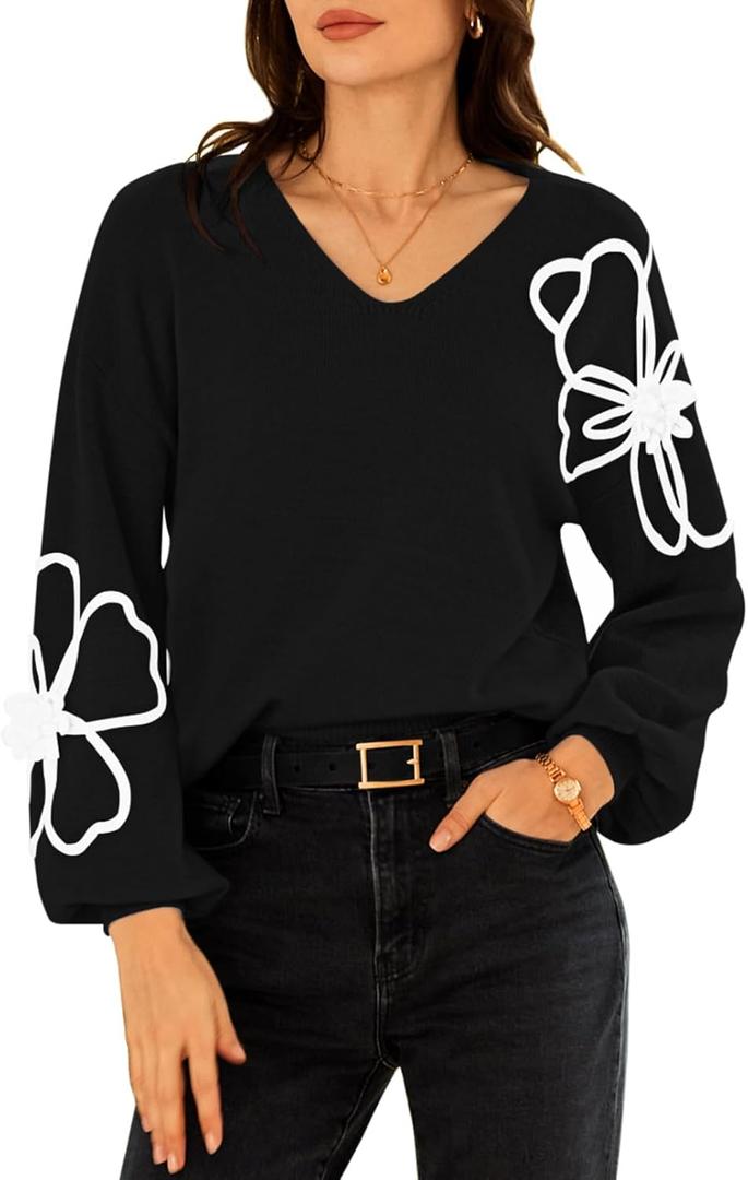 Pink Queen Women's Pullover Sweaters 2025 Knit Floral V Neck Tunic Pullover Long Sleeve Oversized Fall Casual Sweater (X-Large, Black)