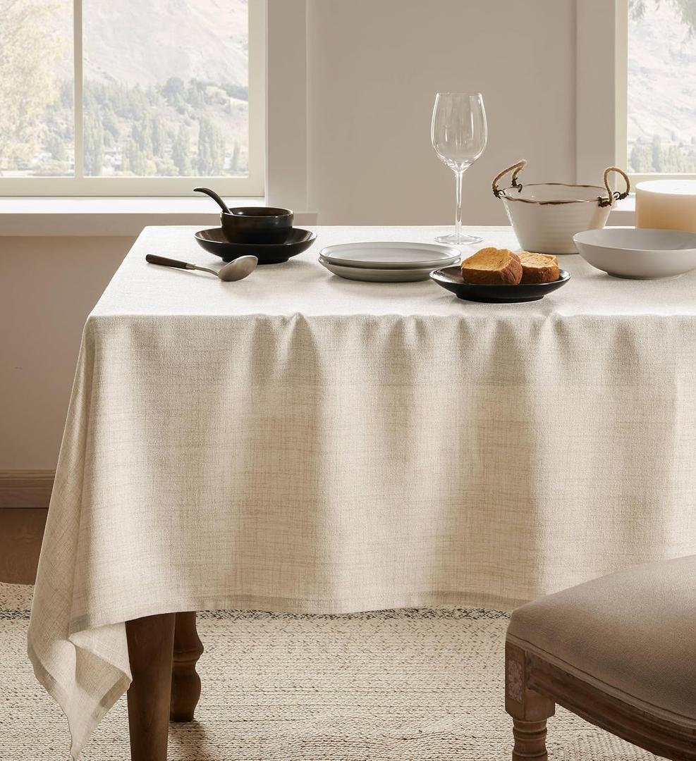 Linen Tablecloth for Rectangle Table 60x120 Inch Light Tan, Farmhouse Style Beige Tablecloth, Water Resistant Burlap Tablecloths for Dining Table Farmhouse Kitchen