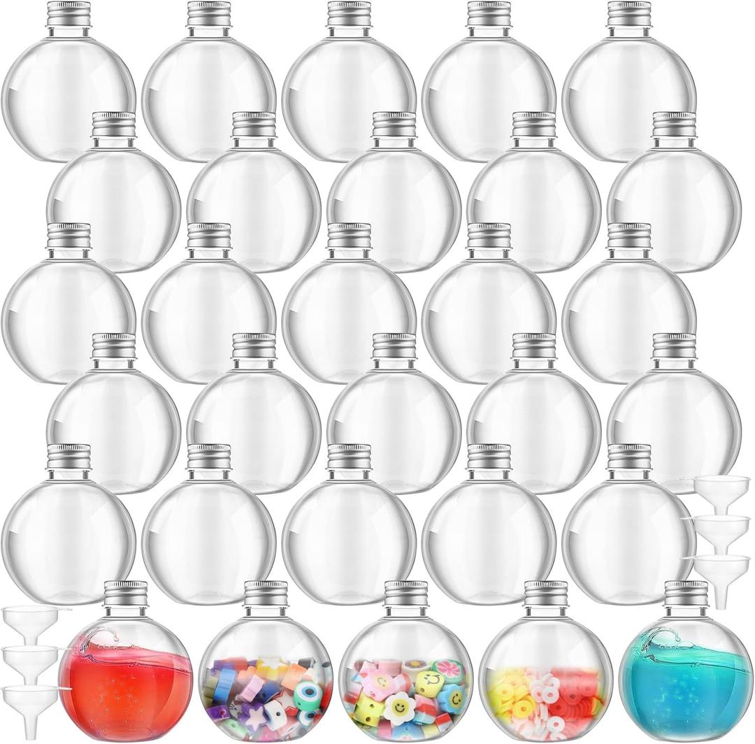 Jinei 30 Pcs 6 oz Ball Shape Plastic Sand Art Bottles Spherical Clear Plastic Potion Bottles Christmas Cocktail Ornament Balls for DIY Wedding Party Gift Crafts Decoration (Silver,Aluminum Cap)
