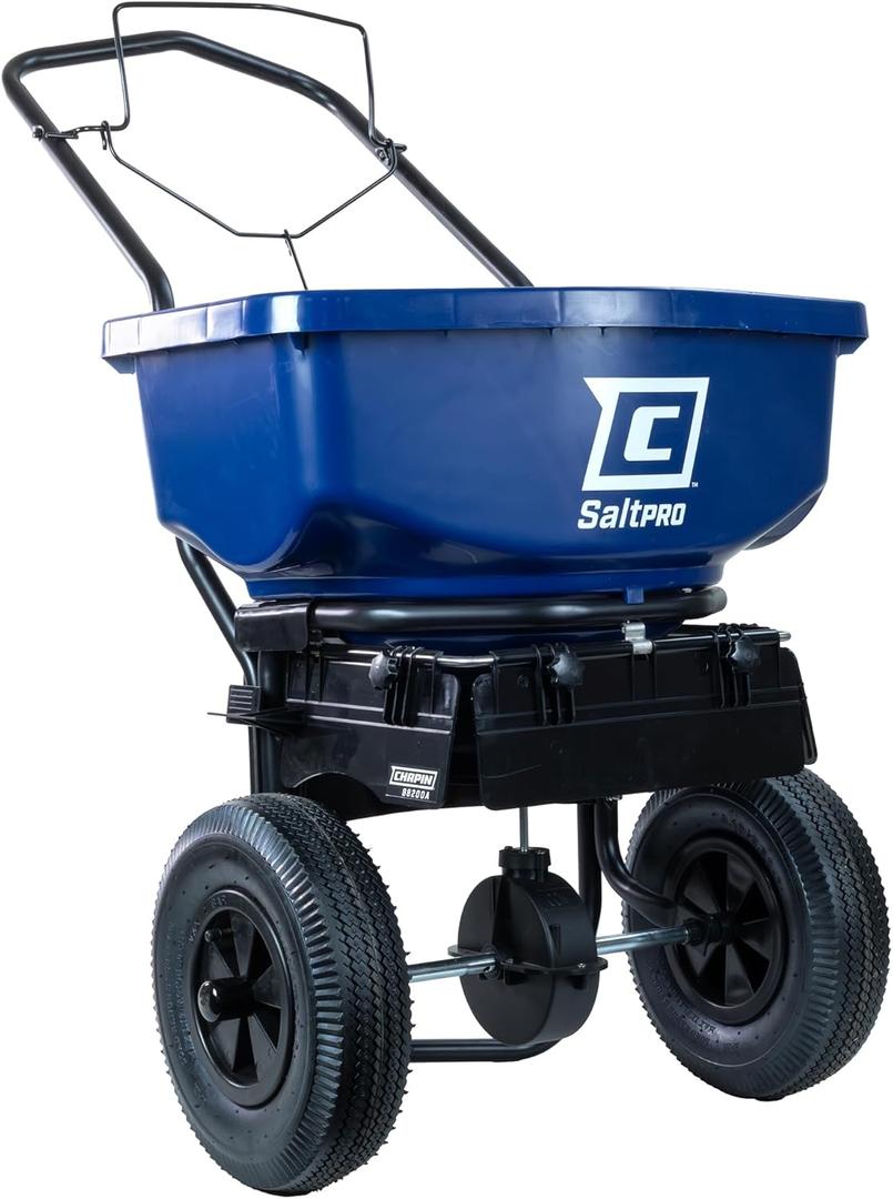 Chapin 88200A Spreader, Salt, Ice Melt, All Season, SaltPro, Walk Behind, Spiked Auger, Adjustable Baffles, 12" Tires, Coated Steel Frame, Enclosed Gears, Weather-Resistant, Rain Cover, 80Lbs