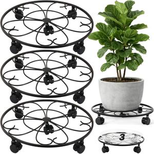 3 Packs 16 inches Extra-large Metal Plant Caddy with Wheels Round Planter Dolly Pot Mover Rollers Sturdy Rolling Plant Stands Indoor Outdoor Wheeled Plant Holder Coaster Trolley, Black