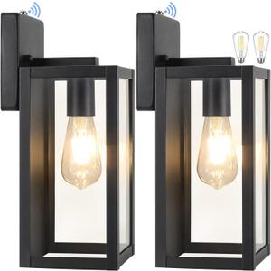 2-Pack Dusk to Dawn Outdoor Wall Light Fixtures with 2 LED Bulbs, Exterior Wall Mount Lanterns Waterproof, Wall Sconces in Matte Black Anti-Rust Wall Lamps with Clear Glass for Doorway Porch Garage (15.35 x 13.19 x 7.01in)