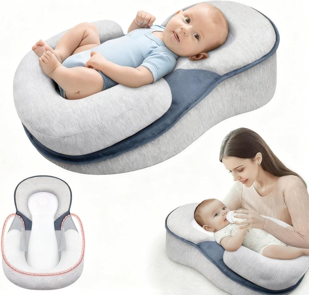 Baby Lounger Pillow for Infant Support Cushion Reflux Breastfeeding Pillow, Bottle Feeding, Tummy Time, Adjustable Baby Wedge Lounger Pillow for Reducing Spit-Up, White Grey