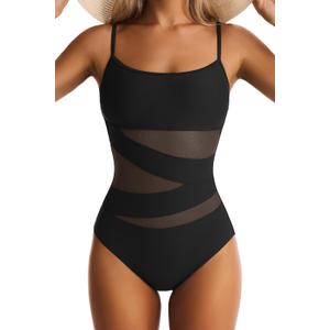 Womens Mesh One Piece Swimsuit Tummy Control Bathing Suit Sexy Push Up Swim Suit Slimming Swimwear (Large, Black)