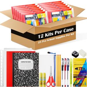 12 Sets Back to School Supplies Kit for Students Grade 7-12 Donation Kits Back to School Supplies Bundle Essentials Includes Folder Highlighters Crayons Notebooks Scissors and More