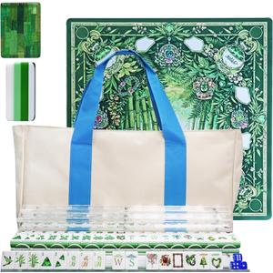 American Mahjong 4-Layer Acrylic Mahjong Set with Translucent Forest Green Backs, 2 Carrying Bags, 4 Acrylic Racks with Pushers, Mat – Portable Mahjong Set for Family Game Night & Travel, 0.9" × 1.26" × 0.63"