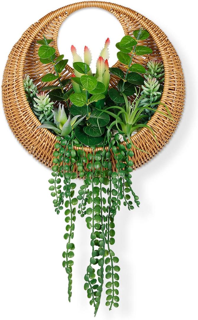 Hanging Artificial Succulent Planted in Woven Basket for Boho Wall Decor & Door Wreath,Fake Plants Hanging Wall Decor for Livingroom Bedroom Bathroom Home & Office Decor (Green & Brown)