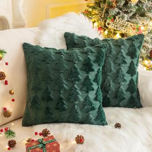 AQOTHES Set of 2 Christmas Tree Green Throw Pillow Covers 18x18 Inch, Soft Faux Fur Green Decorative Xmas Throw Pillows for Couch Sofa Holiday Winter Decor