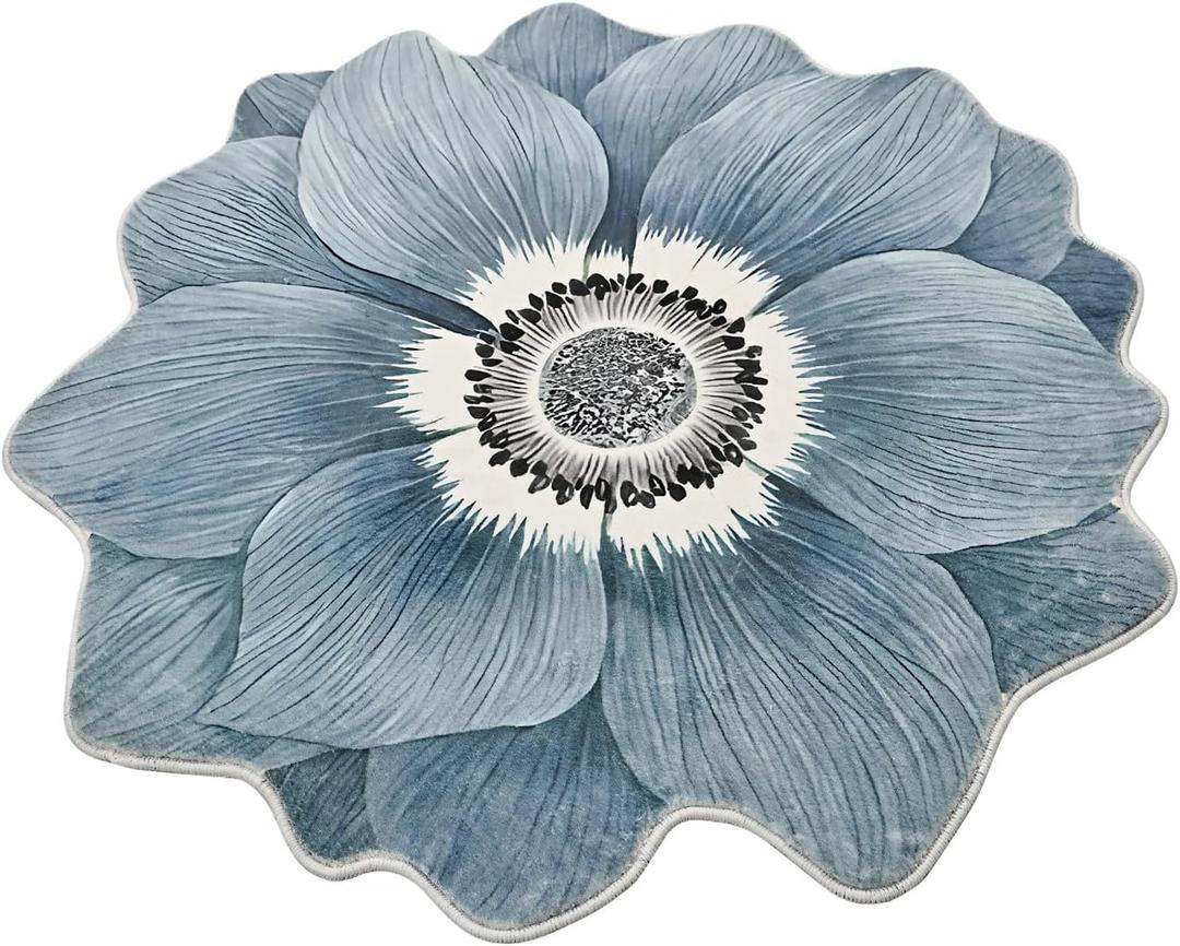 Flower Rug 24 Round Area Rugs Cute Plush Flower Shaped Rug Circle Non Slip Water Absorption Doormat for Bedroom Bedside Living Room Bathroom Kitchen Floor Mat, Blue Lotus