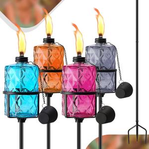 4 Pack Colorful Glass Garden Torch,60-Inch Outdoor Torch Garden Dcor, Upgraded 12 oz Citronella Torches with 3-Prong Grounded Stake,Metal Light Torches for Party Patio Pathway