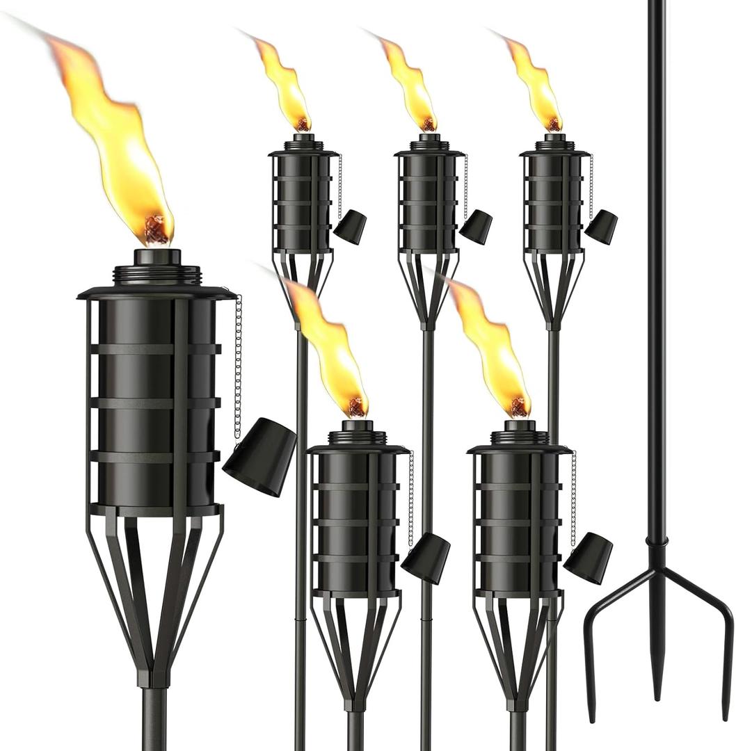 Upgraded Citronella Garden Torch Set of 6, Large Capacity 16oz Metal Torch for Outside, 59.5 Inch Black Home Torches with 3-Prong Grounded Stake,Metal Flame Torch Light for Party Patio Pathway