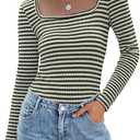 IWD Womens Striped Long Sleeve Shirts Slim Fit Square Neck Tops 2026 Spring Lightweight Sweater Knit T Shirts Layering Basic Tees Army Green S
