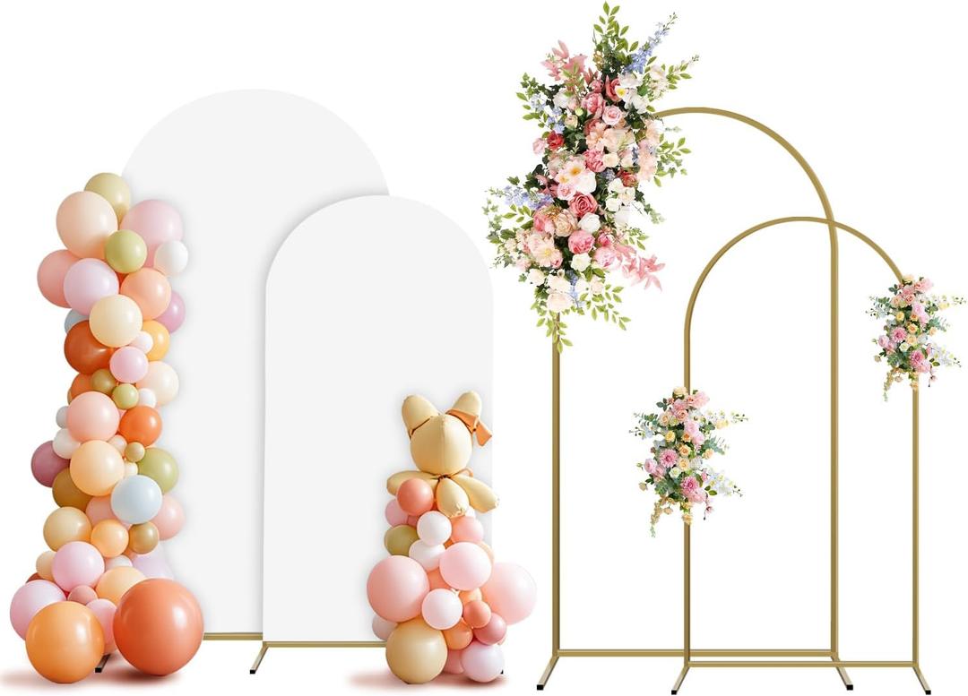 Arch Backdrop Stand and Cover Set, 2 Metal Balloon Arch Backdrop 7.2ft 6ft, Gold Arched Stand Frame for Wedding, Parties,Birthday,Decorations (White,7.2ft+6ft)