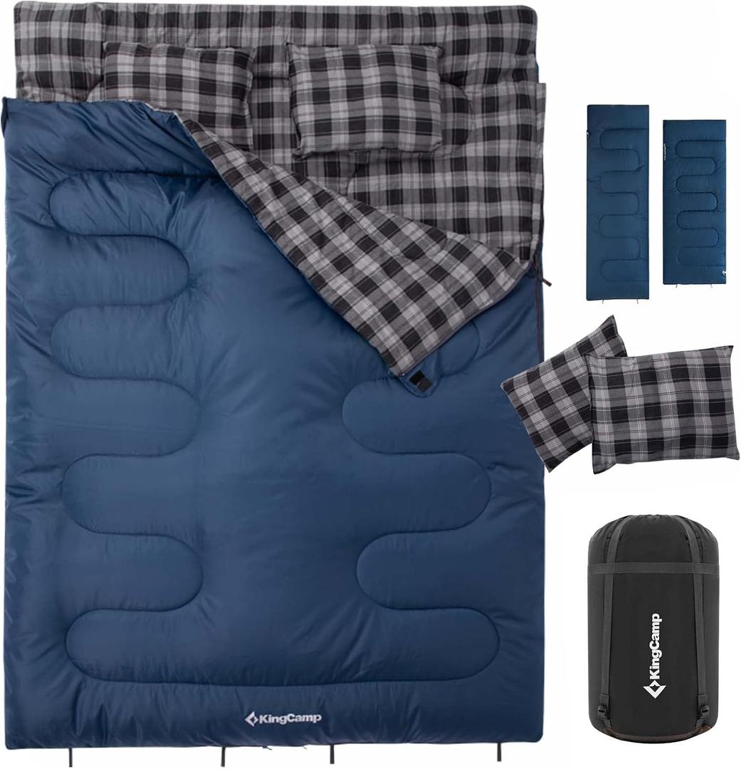 KingCamp Double Sleeping Bag for Adults, Queen Size 2 Person XXL Flannel Sleeping Bag, Waterproof Lightweight Flannel Quilt with 2 Pillows, Perfect for Couples Family Camping Hiking (Envelope-Navy Grey)