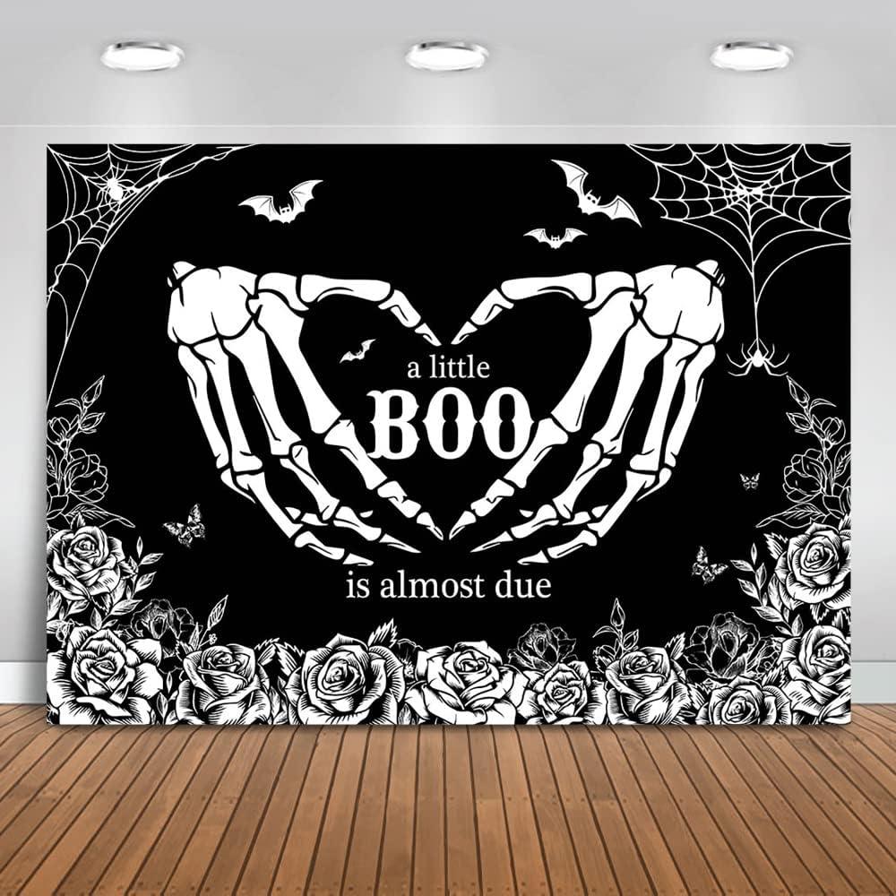Mocsicka Halloween Baby Shower Backdrop Gothic Skeleton Love Hands Baby Shower Background A Little Boo is Almost Due Party Decorations Banner Photo Studio Props (5x3ft)