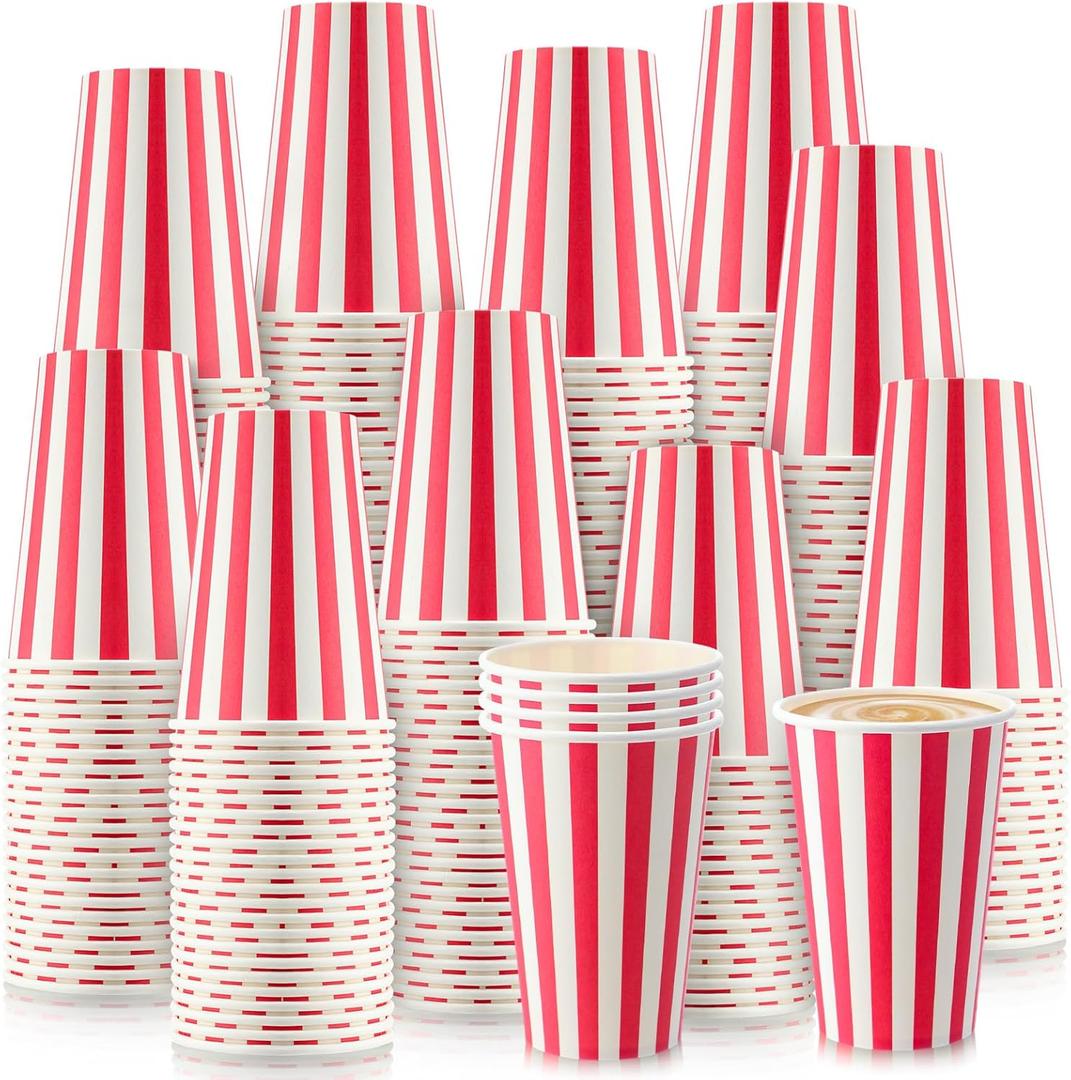 Fullhawl 200 Pcs Red Stripe Disposable Paper Cups Party Supplies for Carnival Birthday Party Coffee Tea Juice Drinking Cups for Baby Shower Wedding Celebrations (12 oz)