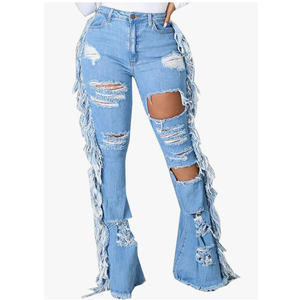 SeNight Women Bell Bottom Jeans Elastic Waist Ripped Flared Jean Destroyed Raw Hem Denim Pants, size M