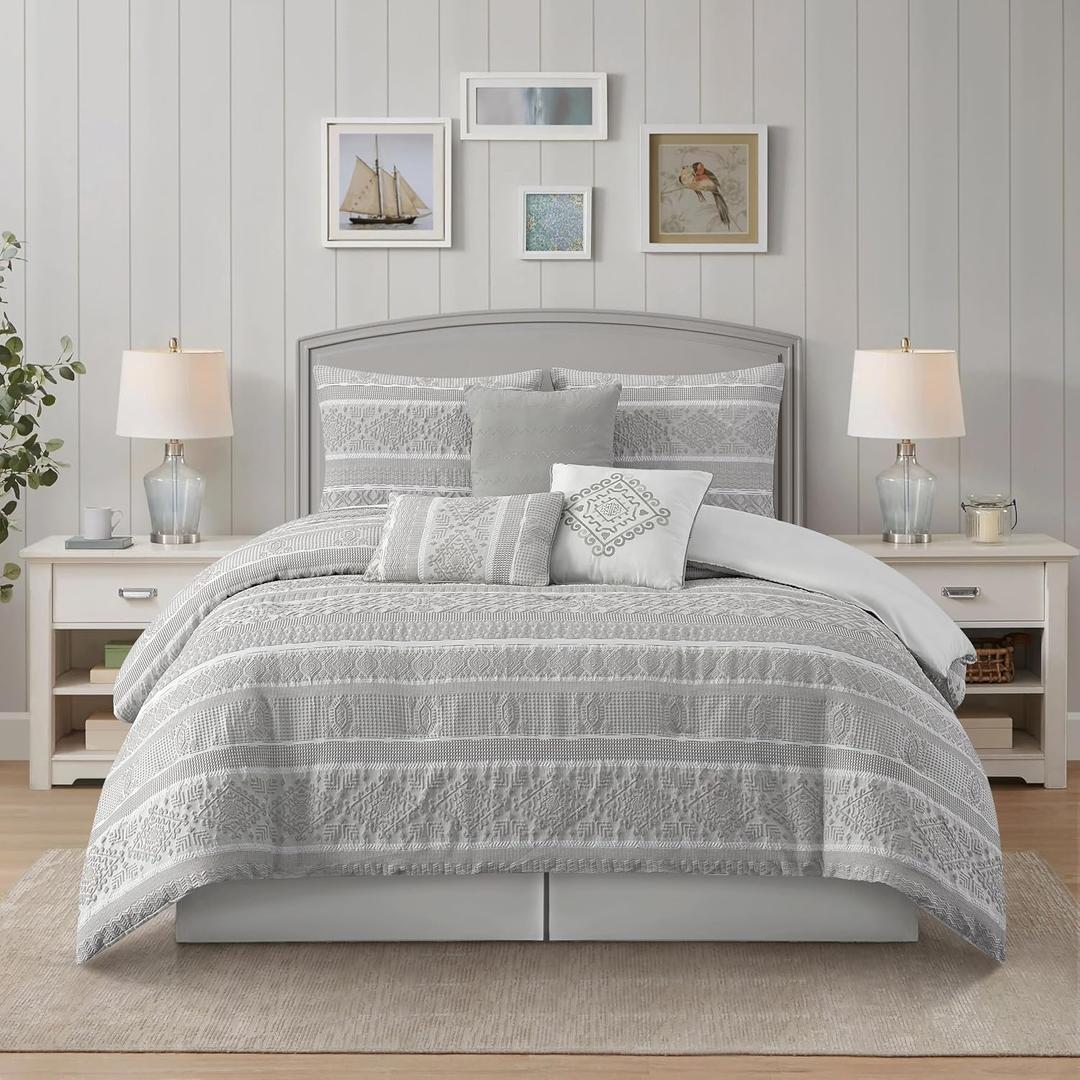Stratford Park Grey 7 Piece Comforter Set, Jacquard Patchwork King Size Bedding Set, All Season Bedding, Matching Pillows, Shams, Bed Skirt