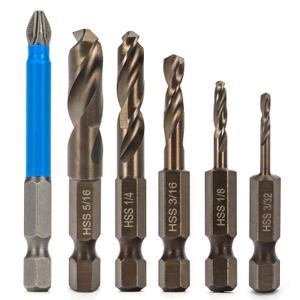 Kodilin 6pcs M35 Cobalt Stubby Drill Bit Set for Stainless Steel & Hard Metals, with 1/4" Hex Shank for Quick Chucks & Impact Drivers, SAE Sizes 3/32"-1/8"-3/16"-1/4"-5/16" in Storage Case
