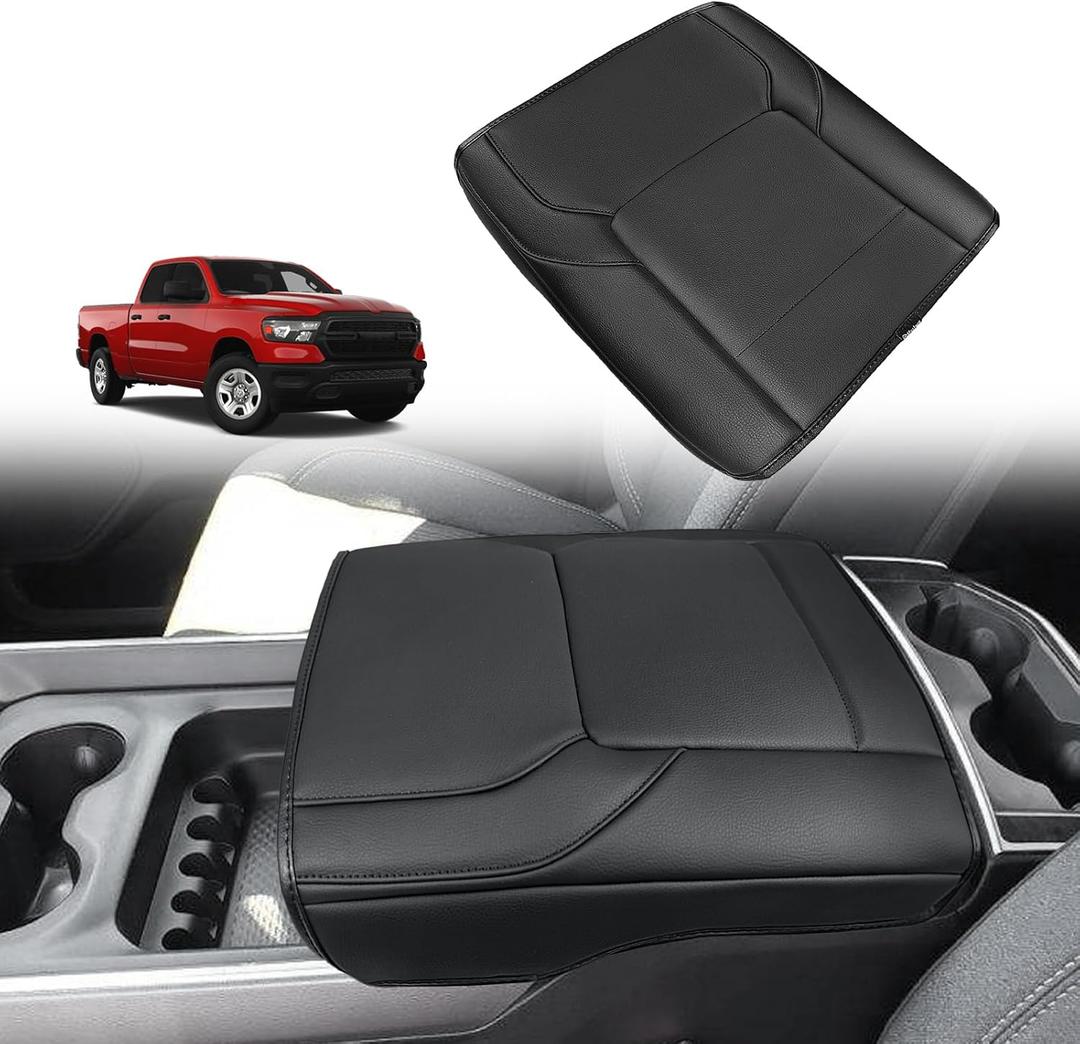 Muslogy Center Console Armrest Cover Fit for Dodge Ram1500 2500 3500 2019-2026 Accessories, Comfort Armrest Pad Console Lid Cushion Vegan Leather Regular Thick(Bucket Seat ONLY, NO Limited,Laramie)