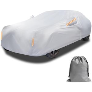 Caromop 10-Layer Waterproof Car Cover All Weather Protection (Snow, Rain, Sun) with Secure Fit Straps and Easy On/Off Zipper-Size A4 (See Size-Chart) (Reflective)