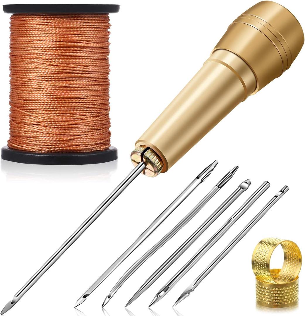 WILLBOND 6 Pieces Leather Sewing Awl Needle with Copper Handle, Upholstery Repair Kit 50 M Nylon Cord Thread and 2 Pieces Thimble for Handmade Leather Sewing Tools Shoes and Repair