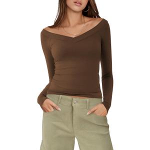 MIHOLL Womens Long Sleeve Off The Shoulder Tops Y2K Going Out Slim Fit Crop V Neck Shirts Fall Fashion Clothes Outfits