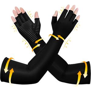 Long Copper Compression Arthritis Gloves for Women & Men, Medical Arm & Hand Compression Gloves, Fingerless Pressuse Gloves, Hand Support Sleeves for Carpal Tunnel, Lymphedema, Hand Pain, Edema (Medium, Black)