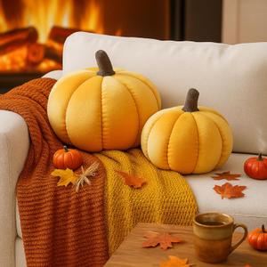 Yookeer 2 Pcs Fall Halloween Pumpkin Pillows, Velvet 3D Simulated Pumpkin Throw Pillow Soft Decorative Sofa Cushion for Thanksgiving Autumn Harvest Farmhouse Home Decor (Yellow,7''+11'')