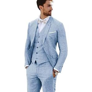 Furuyal Linen Suit 3 Pieces Vintage Retro Wedding Prom Suits Slim Fit Jacket Blazer Groom Tuxedos, XXL, Blue