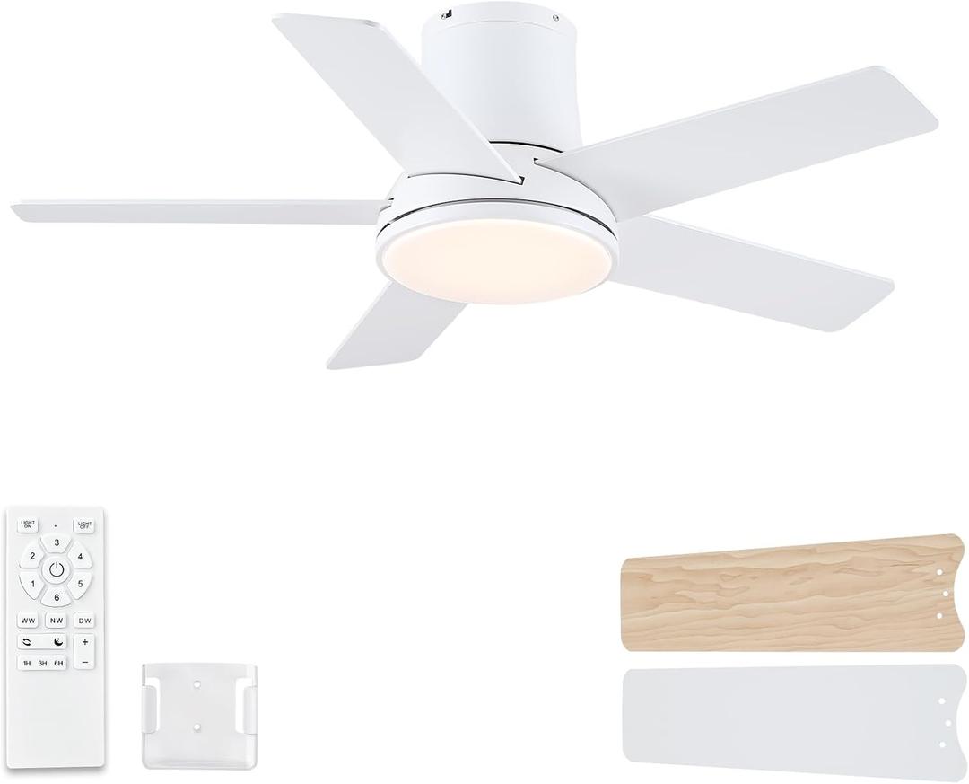 42 Inch Ceiling Fans with Lights and Remote, Flush Mount White Ceiling Fan for Bedroom Living Room Indoor/Outdoor, Quiet 6 Speed Reversible DC Motor, 3CCT, Dual Color 5 Blades, ETL Listed