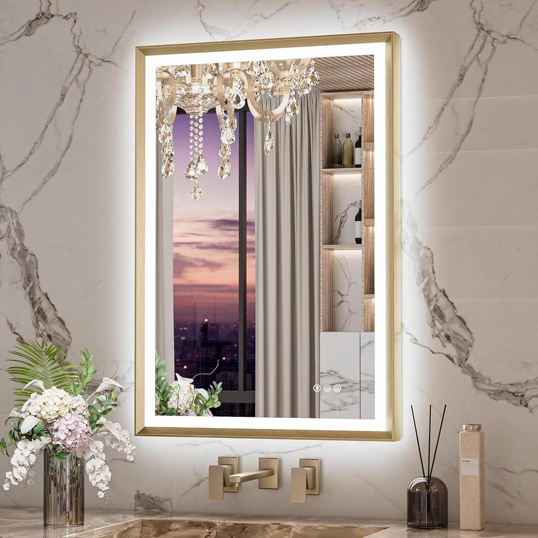 Keonjinn Gold LED Bathroom Mirror 24 x 36 Inch with Frontlit & Backlit, Lighted Mirrors Metal Framed for Wall, Stepless 3 Colors Lights, Anti Fog, Tempered Glass, Brighter and No Dark Corner