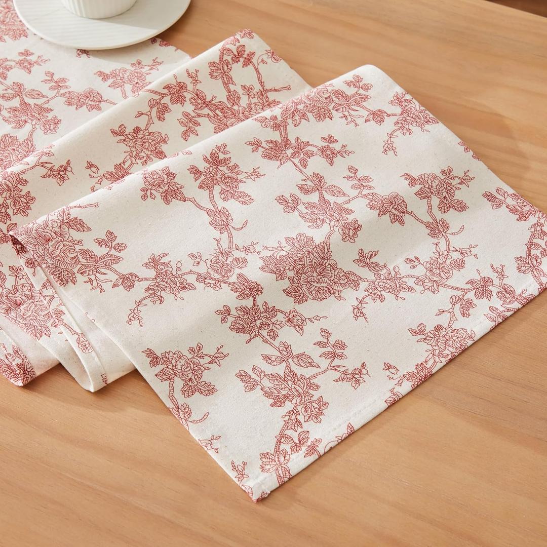 100% Cotton French Pastoral Table Runners, 13x72 Inch red Farmhouse Table Runners 72 Inches Long, Vintage Flowers Print Home Decors