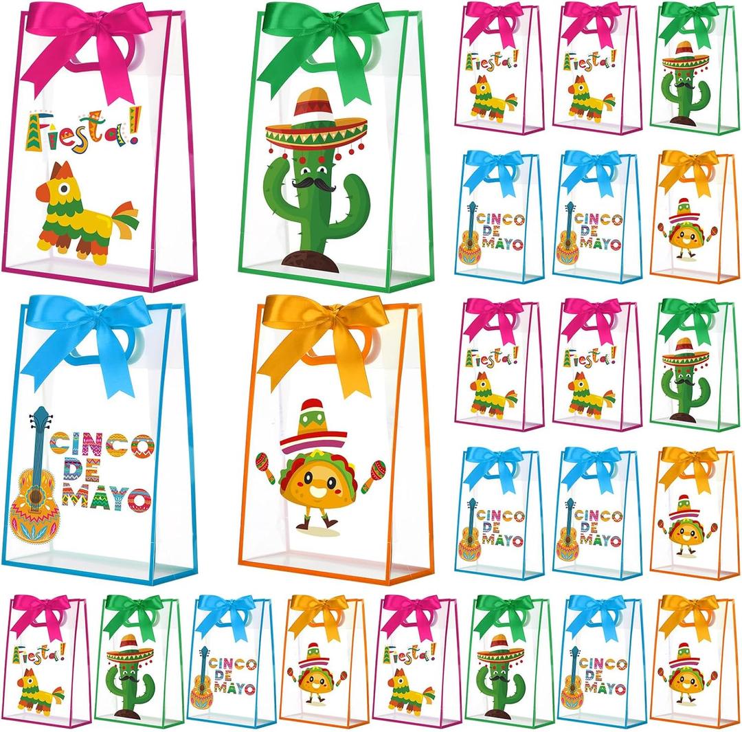 Gersoniel 24 Pack Cinco De Mayo Clear Gift Bags with Handles Reusable Plastic Mexican Party Gift Bags with Ribbons Fiesta Goodie PVC Pouches for Birthday Holiday Party Supplies, 7 x 10 x 3.15 Inch