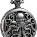 Vintage Octopus Hollow Quartz Pocket Watch Steampunk Black Pocket Watch with Necklace Chain (grey)