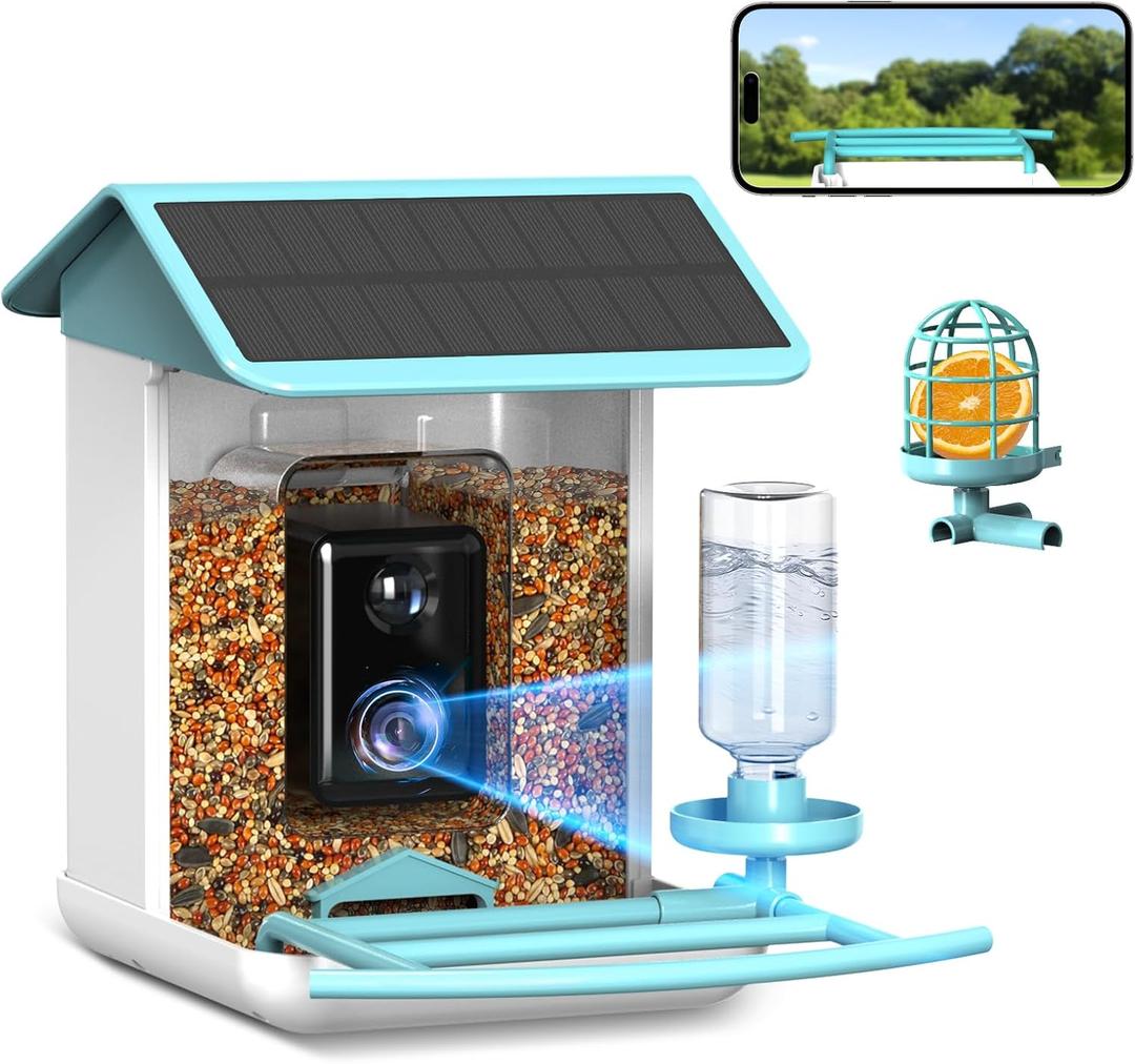 Bird Feeder with Camera, Free AI Forever for 11,000+ Species, 64G TF Card & 1080P HD, Solar-Powered Wireless Outdoor Design, App Alerts & Two-Way Audio for Garden Wildlife Watching (Light Blue)