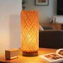 Behemian Bamboo Table Lamp, Dimmable Rustic Farmhouse Hand Wicker Desk Lamp Bedside Lamps Night Light Decorations for Bedroom, Living Room, Home Office, Nursery, Reading Nook (Bulb Included)
