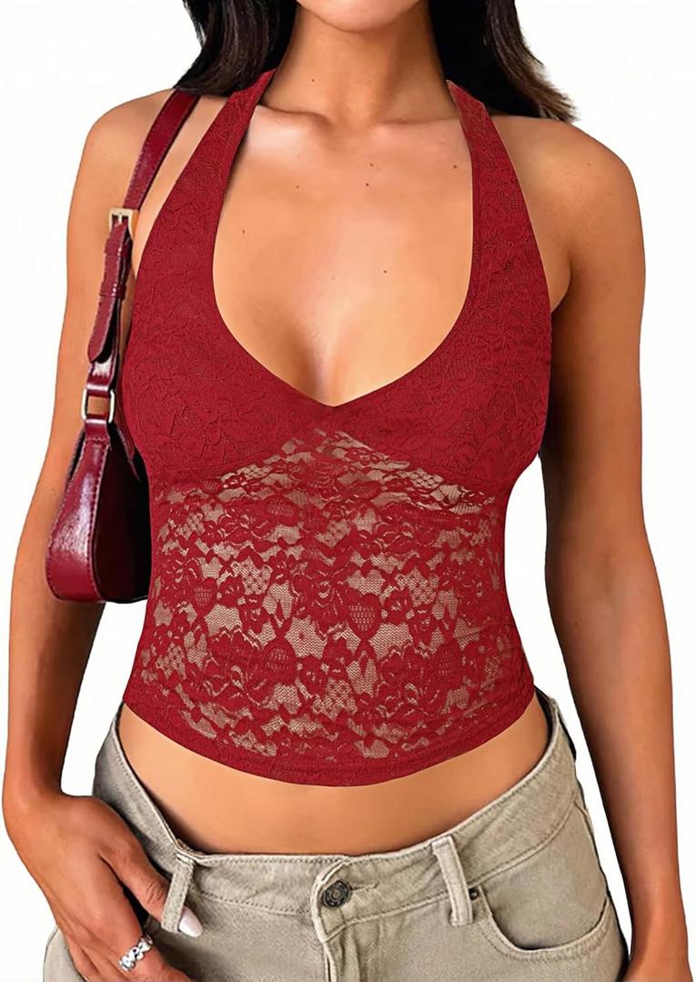 Matunana Women's Lace Halter Tops Going Out V Neck Crop Backless Sleeveless Tank Y2k Cute Sexy Shirt Summer Trendy 2026 (Red, S)