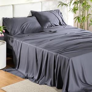 Bedsure Split King Sheet Set, Cooling Sheets for Split King Bed Set, Rayon Derived from Bamboo, Breathable & Soft Deep Pocket, Hotel Luxury Silky Bedding, Bedsheet & Pillowcases, Dark Grey