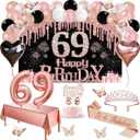 69th Birthday Decorations for Women, 49pcs Black Rose Gold Black Happy 69th Birthday Banner, Tablecloth, Butterfly Decor, Sash and Tiara, Cake Topper, Candles, Balloons Arch
