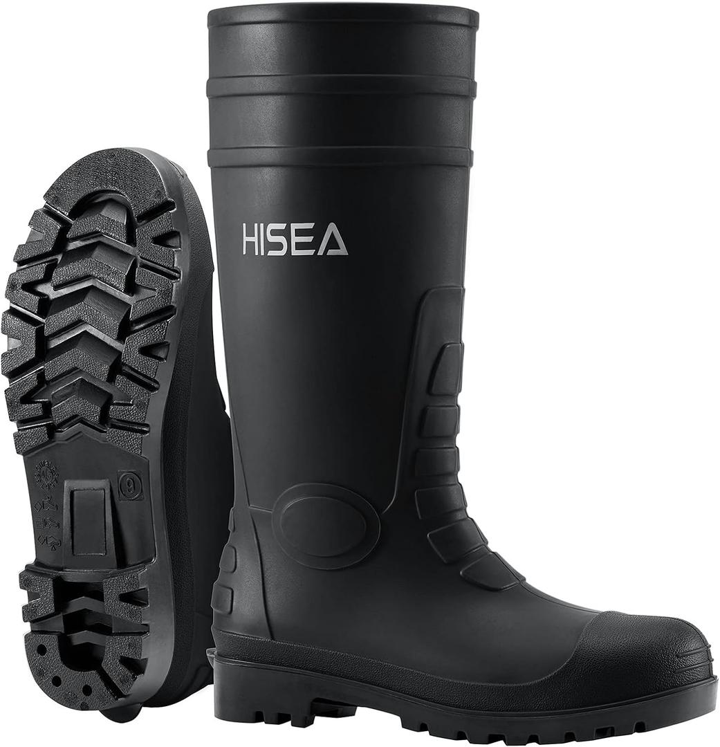 HISEA Men's Steel Toe Rain Boots PVC Rubber Boots, Waterproof Garden Fishing Outdoor Work Boots, Durable Slip Resistant Knee Boots for Agriculture and Industrial Working (9, Black)